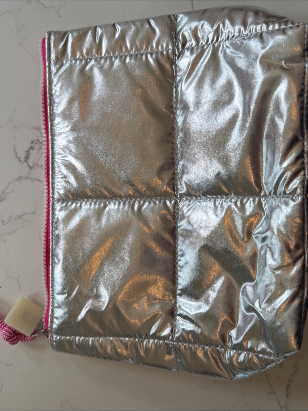 NWOT Sephora Metallic Silver Cosmetic Pouch with Pink Zip